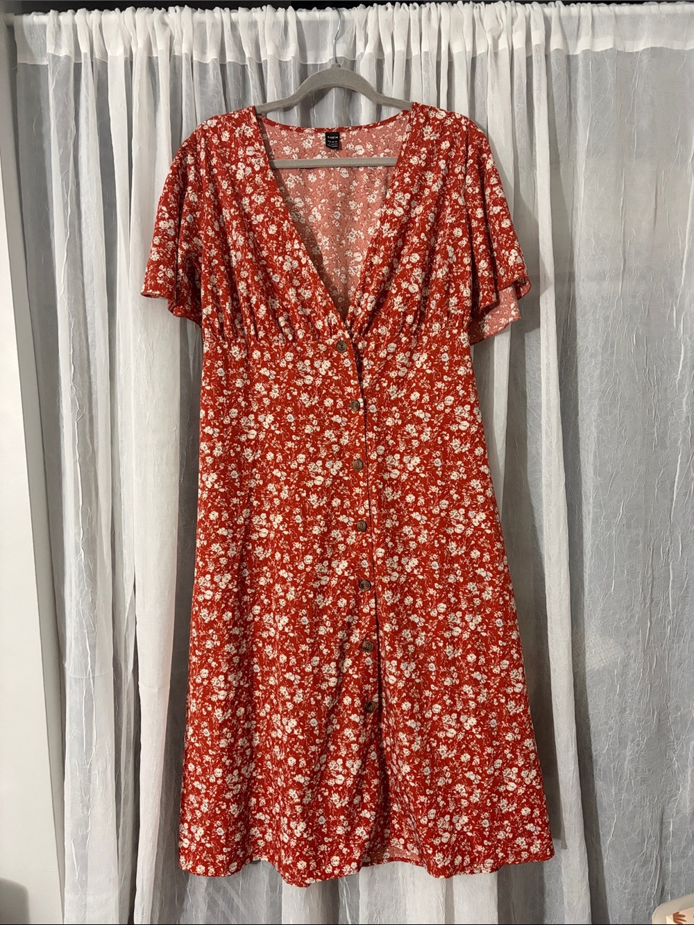 Shein Rust Red Floral Button-Front Midi Dress